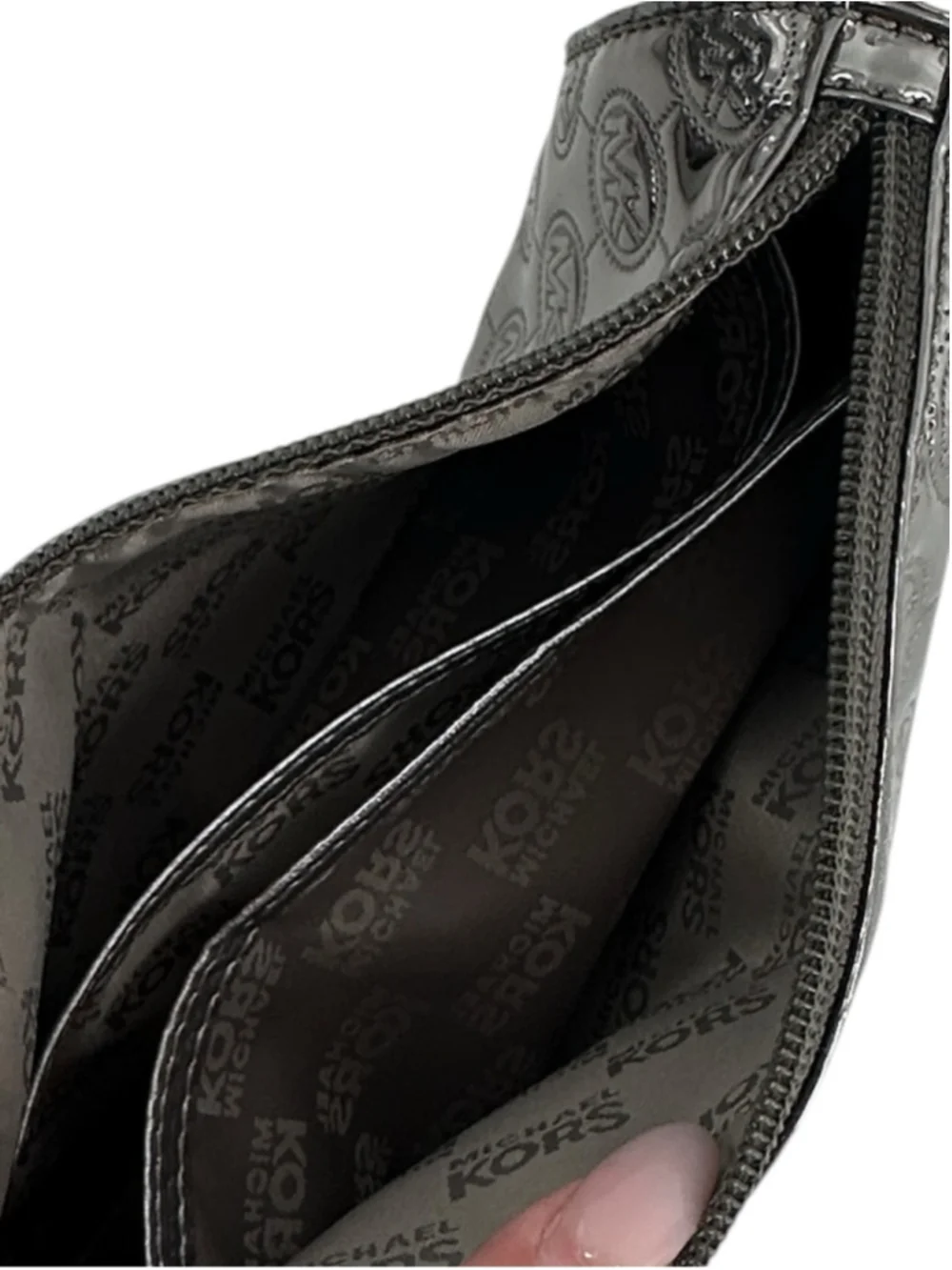 Michael Kors Metallic Gunmetal Embossed MK makeup pouch compartments charm